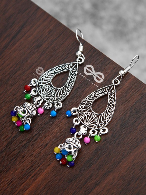 The Meshed Artwork Jhumkis (Multicolour) - Oxidised Boho Earrings