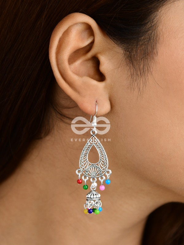 The Meshed Artwork Jhumkis (Multicolour) - Oxidised Boho Earrings