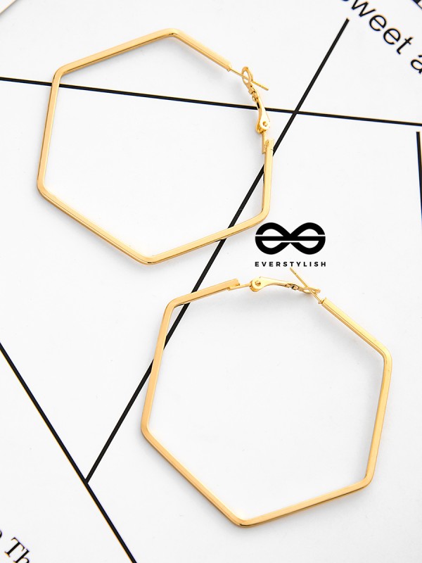 The Hypnotic Hexagonal Hoops (Golden) - Casual Daily-wear Earrings
