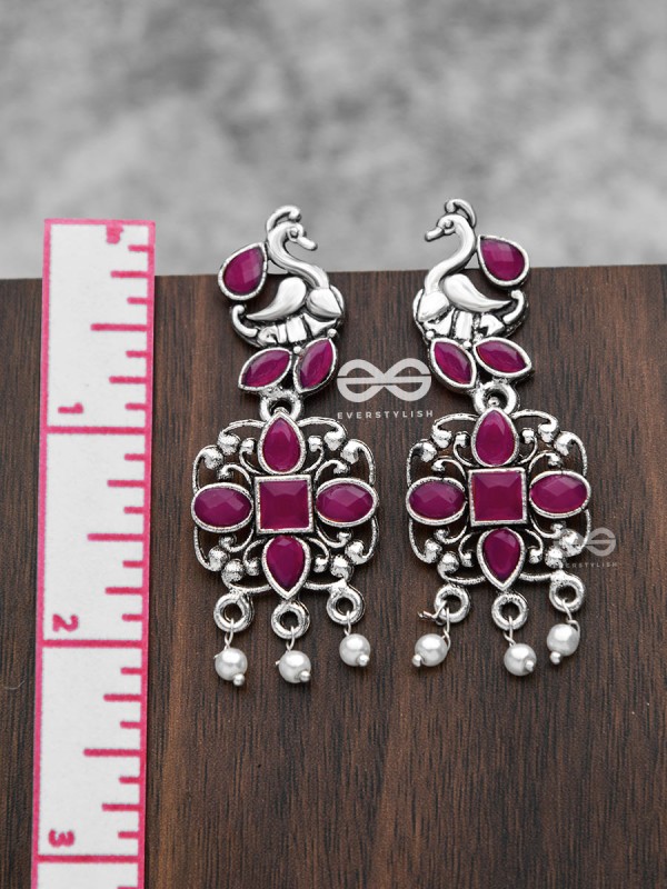 The Artsy Peacock Danglers (Ruby Red) - Embellished Oxidised Collection
