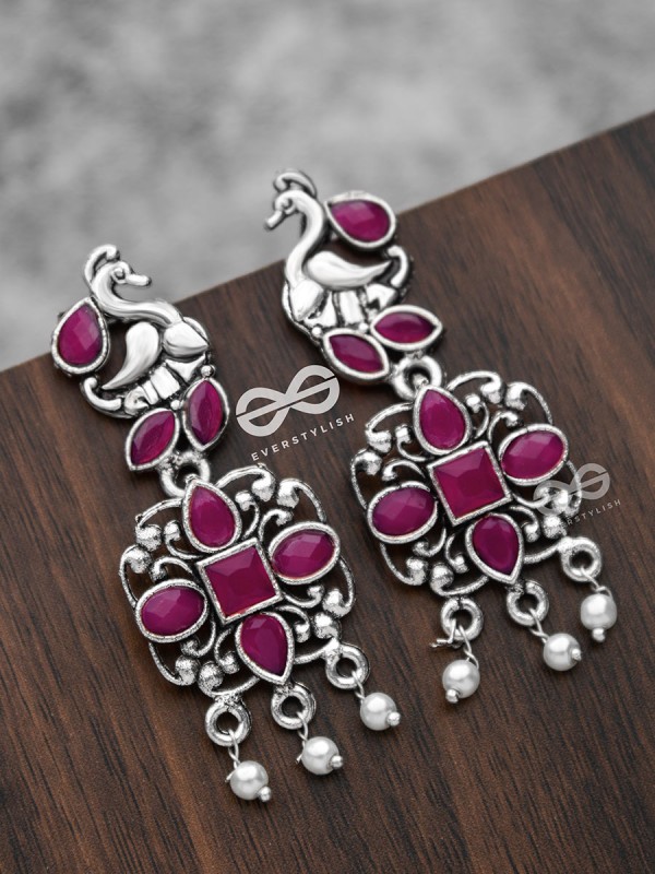 The Artsy Peacock Danglers (Ruby Red) - Embellished Oxidised Collection