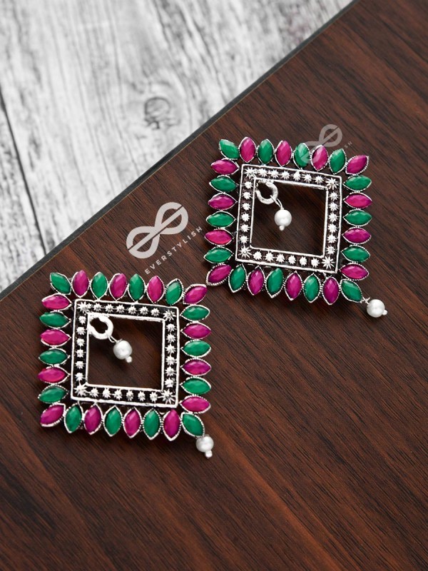 The Elegance Squared Studs (Ruby-Emerald)- Embellished Oxidised Collection