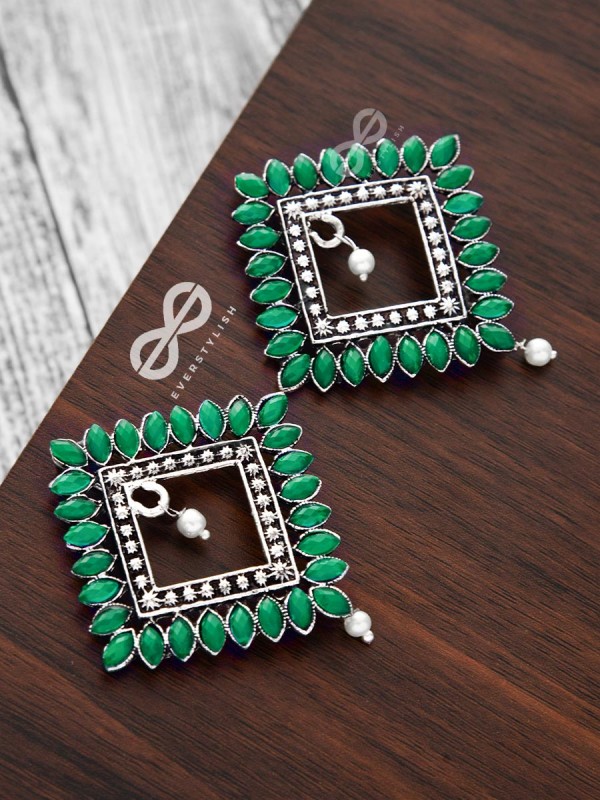 The Elegance Squared Studs (Emerald Green)- Embellished Oxidised Collection