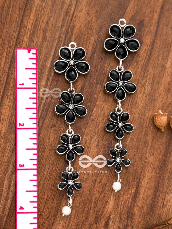 The Four Layered Dangling Floral Studs (Onyx Black) - Embellished Oxidised Collection