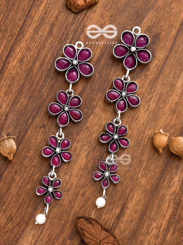 The Four Layered Dangling Floral Studs (Ruby Red) - Embellished Oxidised Collection