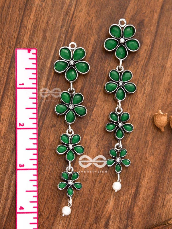 The Four Layered Dangling Floral Studs (Emerald Green) - Embellished Oxidised Collection