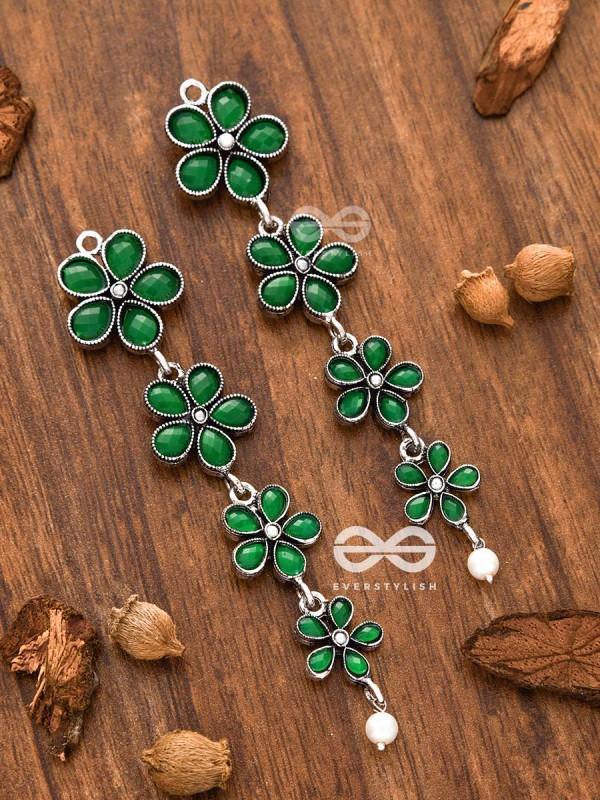 The Four Layered Dangling Floral Studs (Emerald Green) - Embellished Oxidised Collection