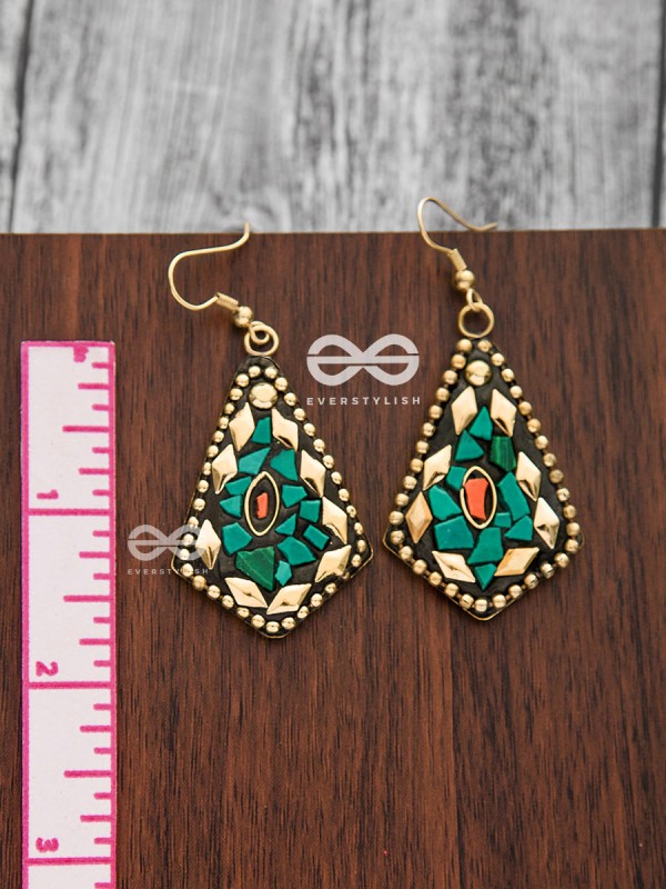 A Handcrafted Delight - Golden Turquoise Tribal Style Earrings