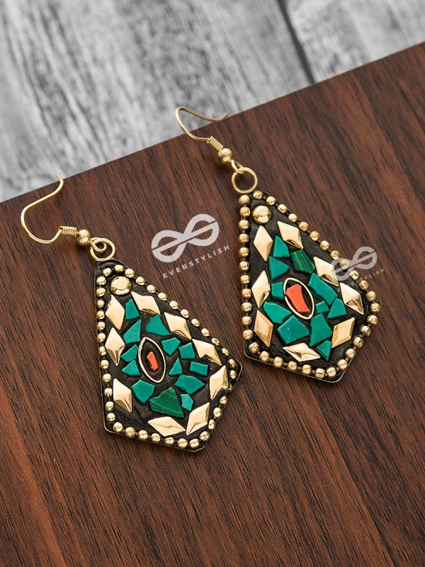 A Handcrafted Delight - Golden Turquoise Tribal Style Earrings