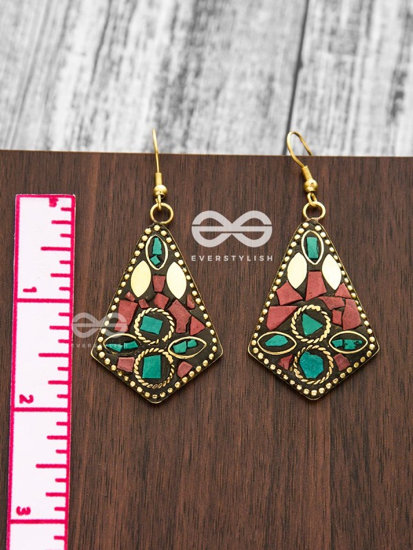 A Handcrafted Delight - Turquoise-Red Tribal Style Earrings