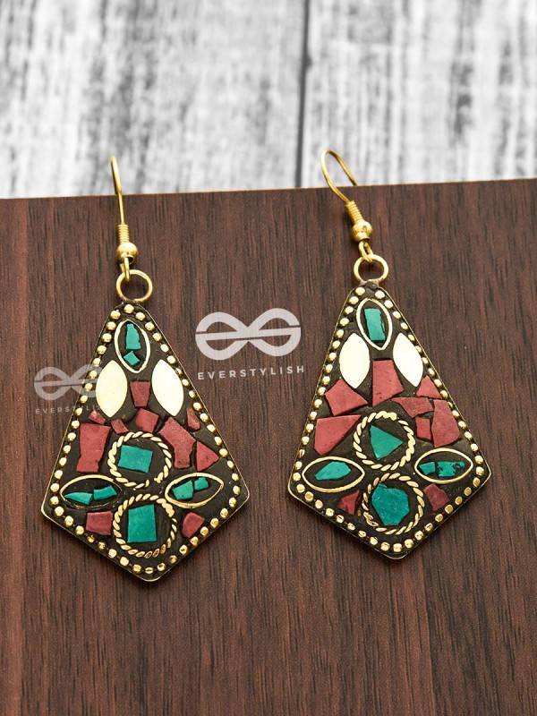 A Handcrafted Delight - Turquoise-Red Tribal Style Earrings