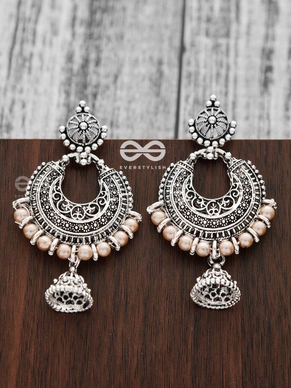 The Motif Moon Pearled Jhumis(Silver-Pearl) - Oxidised Boho Earrings