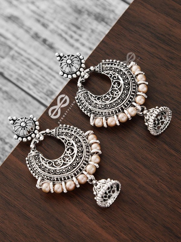 The Motif Moon Pearled Jhumis(Silver-Pearl) - Oxidised Boho Earrings