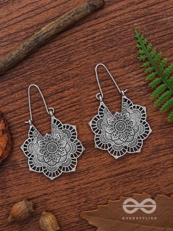 The Intricate Flower Danglers (Silver) - Oxidised Boho Earrings