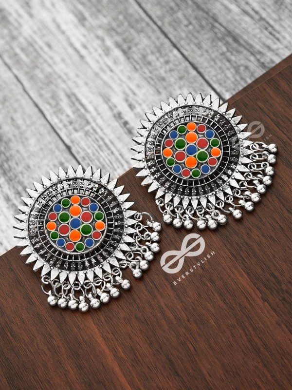 The Bohemian Chic - Meenakari Sun Studs - Oxidised Boho Collection