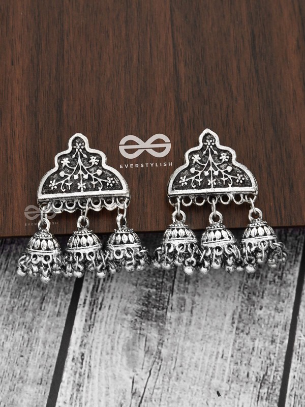 The Boho Delight - Triple Jhumki Studs - Oxidised Boho Earrings