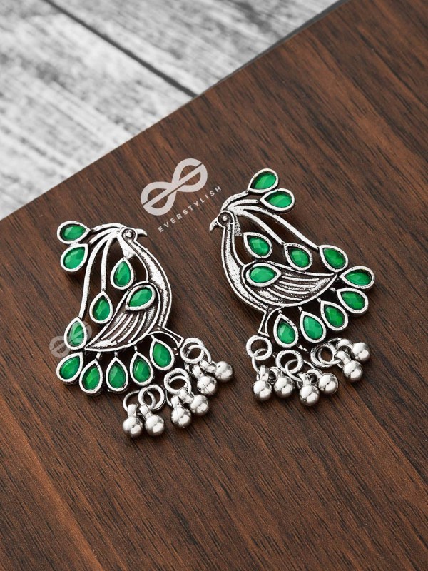 The Vintage Bird Artwork Studs(Emerald Green) - Embellished Oxidised Collection