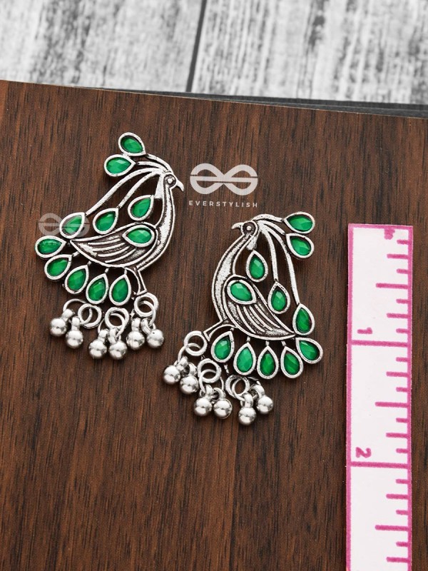 The Vintage Bird Artwork Studs(Emerald Green) - Embellished Oxidised Collection