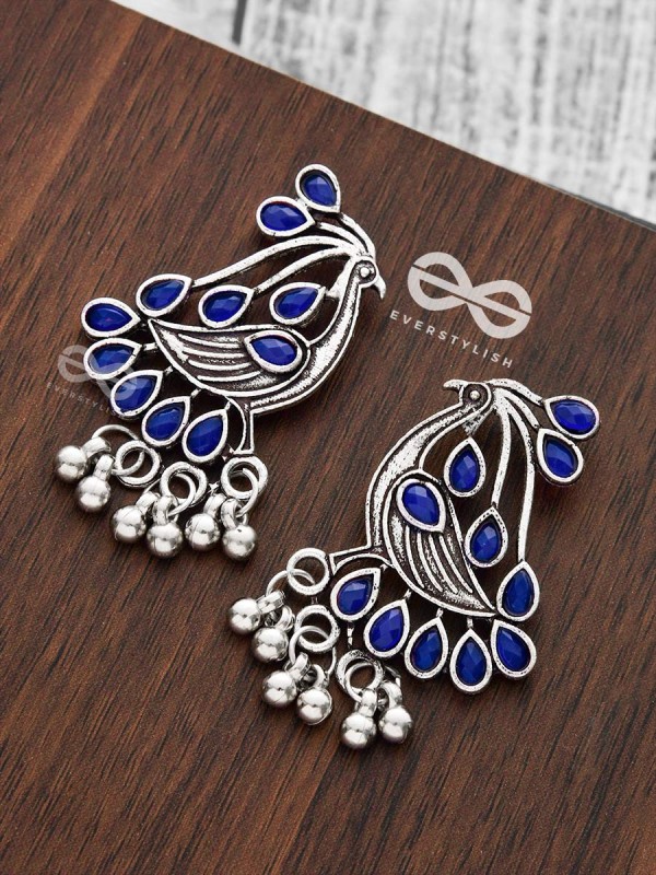 The Vintage Bird Artwork Studs(Sapphire Blue) - Embellished Oxidised Collection