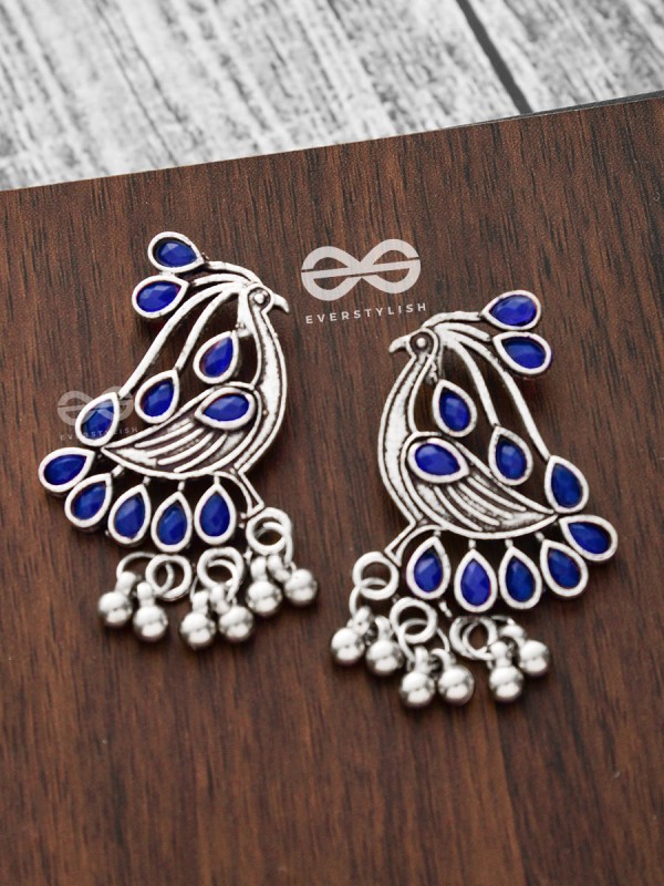 The Vintage Bird Artwork Studs(Sapphire Blue) - Embellished Oxidised Collection
