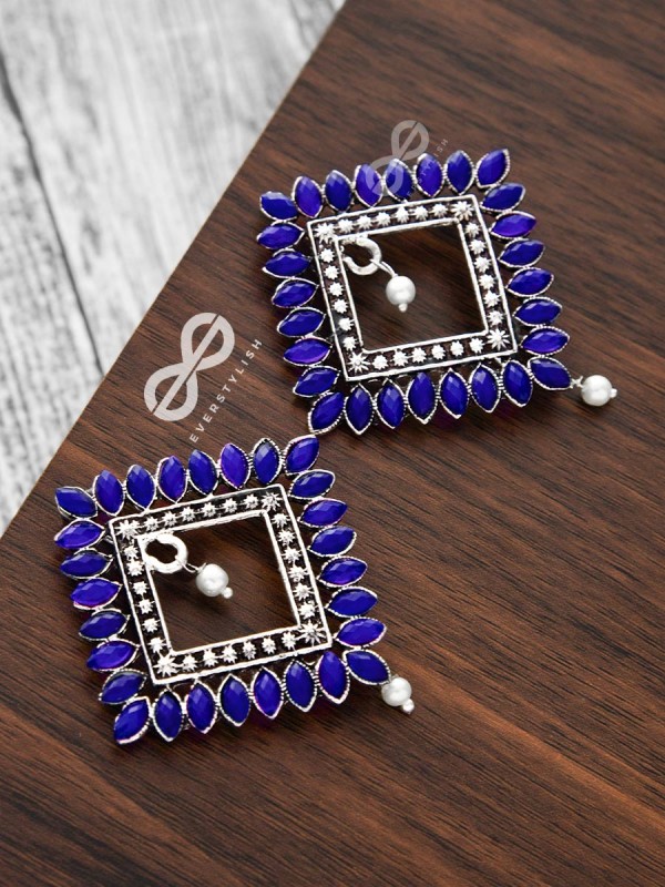 The Elegance Squared Studs (Sapphire Blue)- Embellished Oxidised Collection