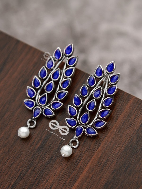 The Shimmering Leaves (Sapphire Blue)- Embellished Oxidised Earrings