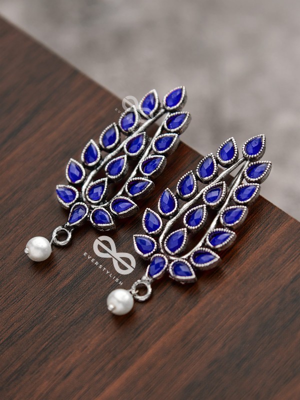 The Shimmering Leaves (Sapphire Blue)- Embellished Oxidised Earrings