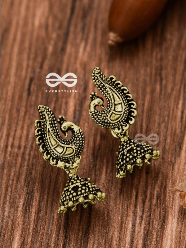 The Little Motif Peacock Jhumki (Golden) - Tiny Trinket Earrings