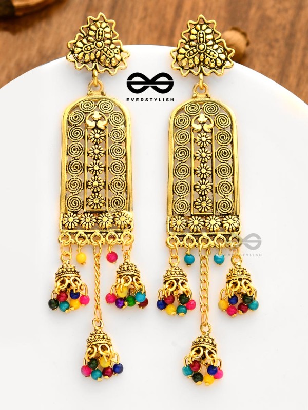 The Triple Jhumki Artistic Delight (Golden) - Oxidised Boho Earrings