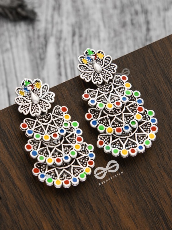 The Multi-Layered Multicoloured Peacocks - Oxidised Boho Earrings