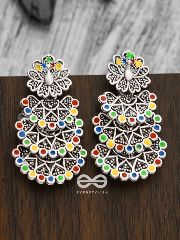 The Multi-Layered Multicoloured Peacocks - Oxidised Boho Earrings