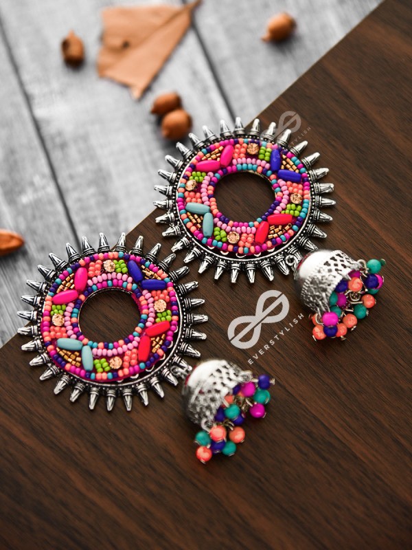 The Rounded Beaded Artwork Jhumkis - The Embroidered Oxidised Collection