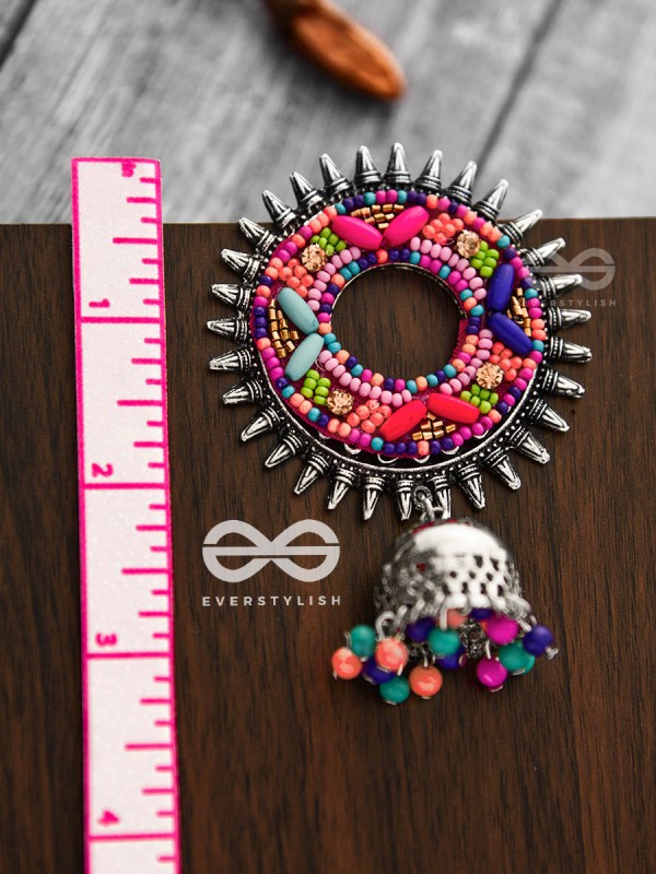 The Rounded Beaded Artwork Jhumkis - The Embroidered Oxidised Collection