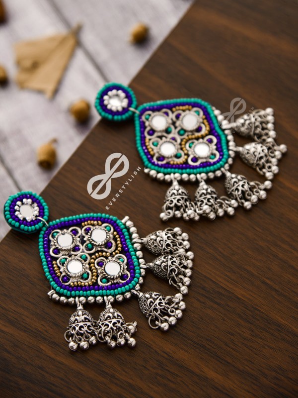 An Intricate Mirror Work Multi Jhumki Embroidered Earrings (Blue)