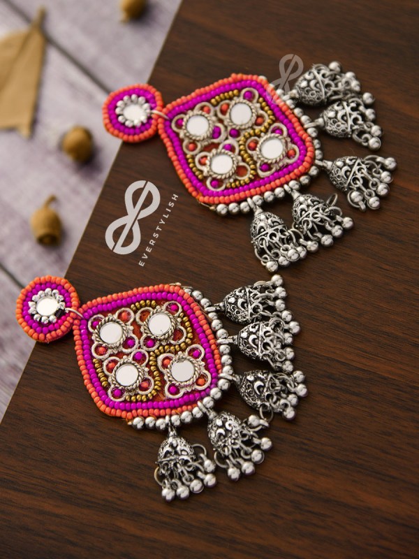 An Intricate Mirror Work Multi Jhumki Embroidered Earrings (Pink)