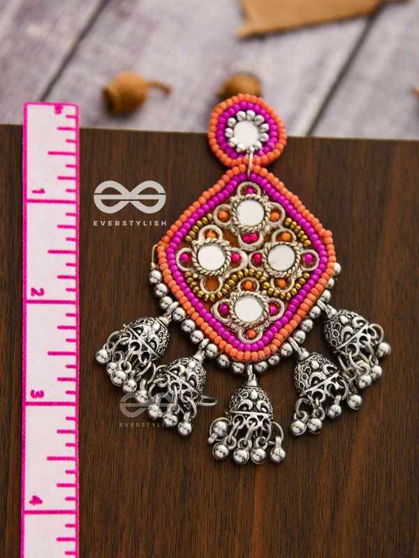 An Intricate Mirror Work Multi Jhumki Embroidered Earrings (Pink)