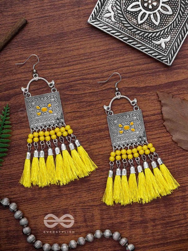 The Enamelled Tassel Squares(Bumblebee) - Oxidised Boho Earrings