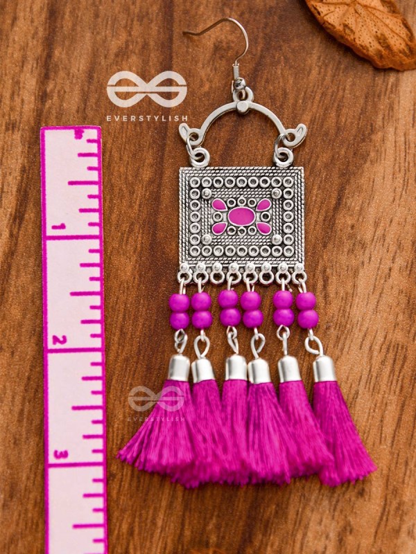 The Enamelled Tassel Squares (Fuchsia) - Oxidised Boho Earrings