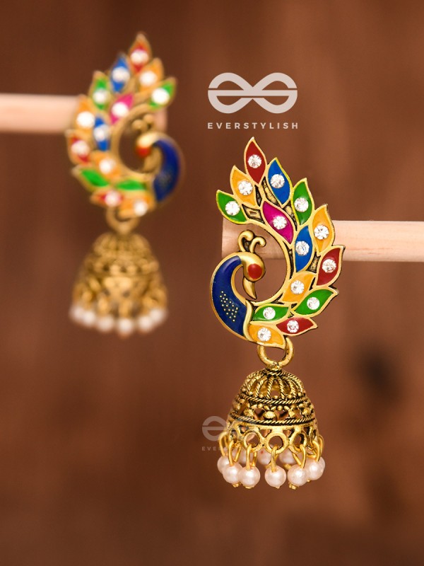 The Little Meenakari Artwork Peacock Jhumkis (Golden)
