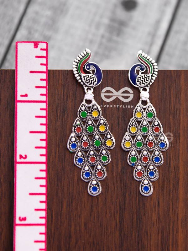 The Meenakari Artwork Peacock Danglers - Embellished Oxidised Collection