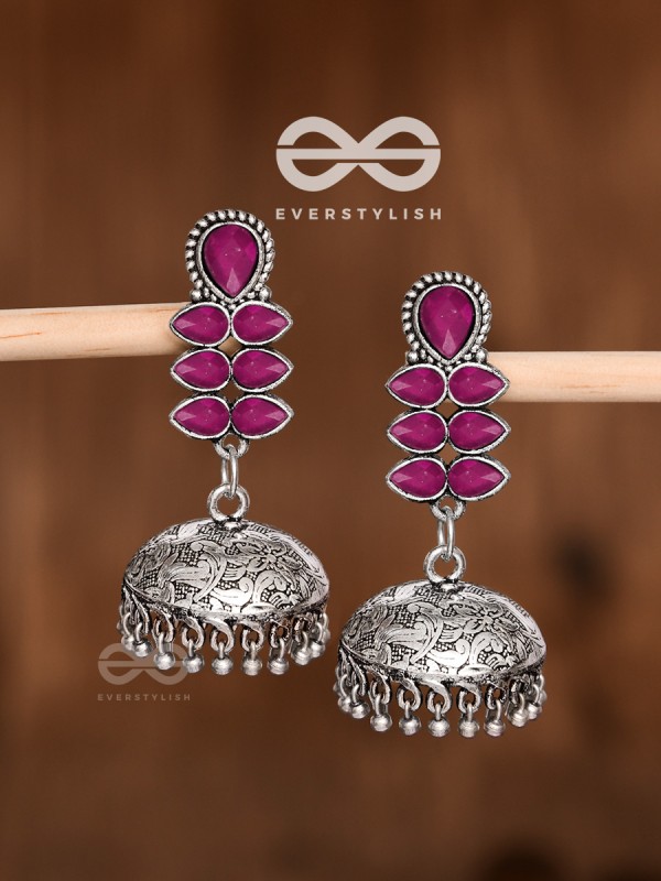 The Woman of Finesse - Embellished Oxidised Jhumkas (Ruby Red)