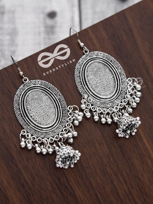 The Motif Mirror Frame Jhumkis - Oxidised Boho Earrings