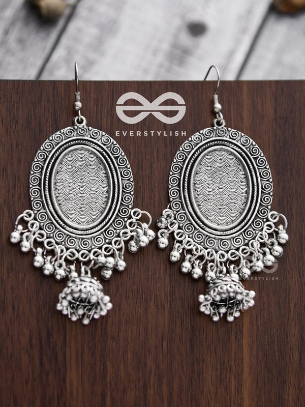The Motif Mirror Frame Jhumkis - Oxidised Boho Earrings