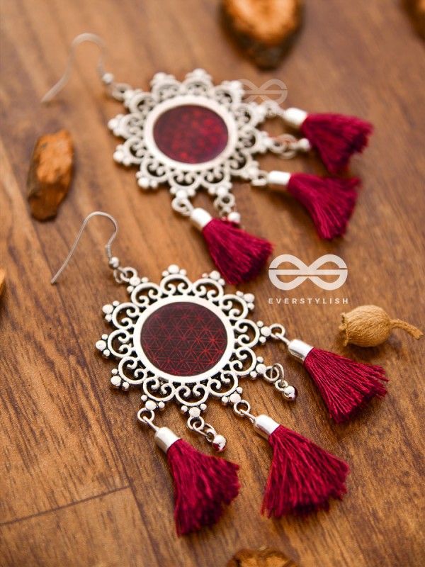 The Enamelled Tasselled Sun (Burgundy) - Oxidised Boho Earrings