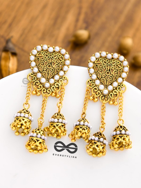 The Boho Pearl Heart Triple Jhumki Earrings (Golden)