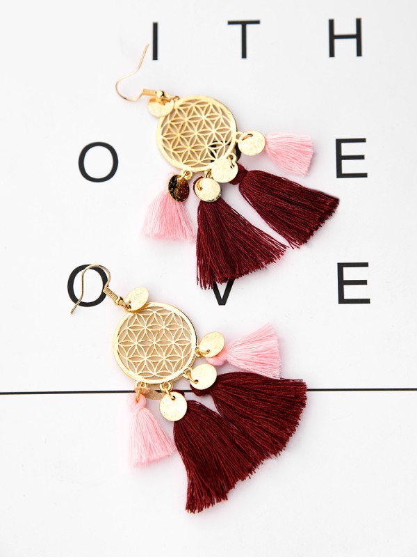 The Chic Dreamcatchers - Golden Tasseled Earrings (Pink-Maroon)