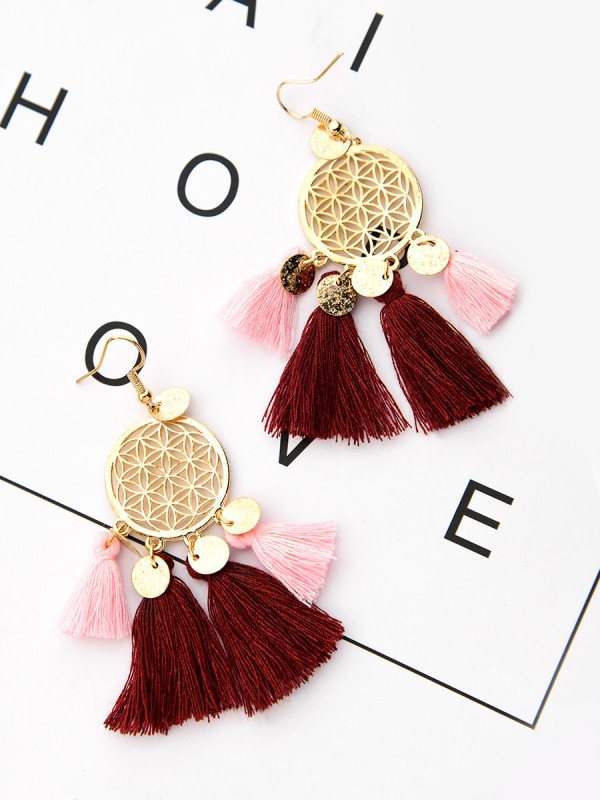The Chic Dreamcatchers - Golden Tasseled Earrings (Pink-Maroon)