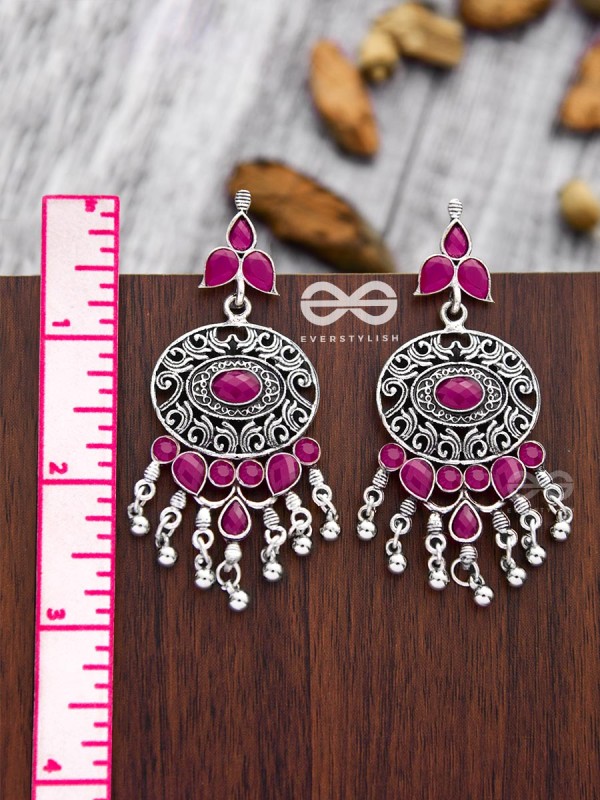 The Playful Elegance - Embellished Oxidised Earrings (Ruby Red)