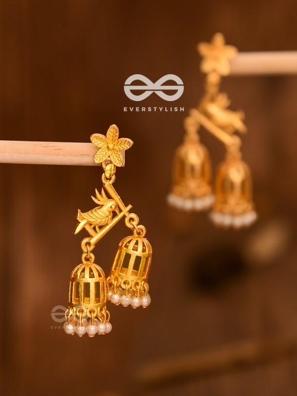 The Uncaged bird Artwork Jhumkas (Golden)