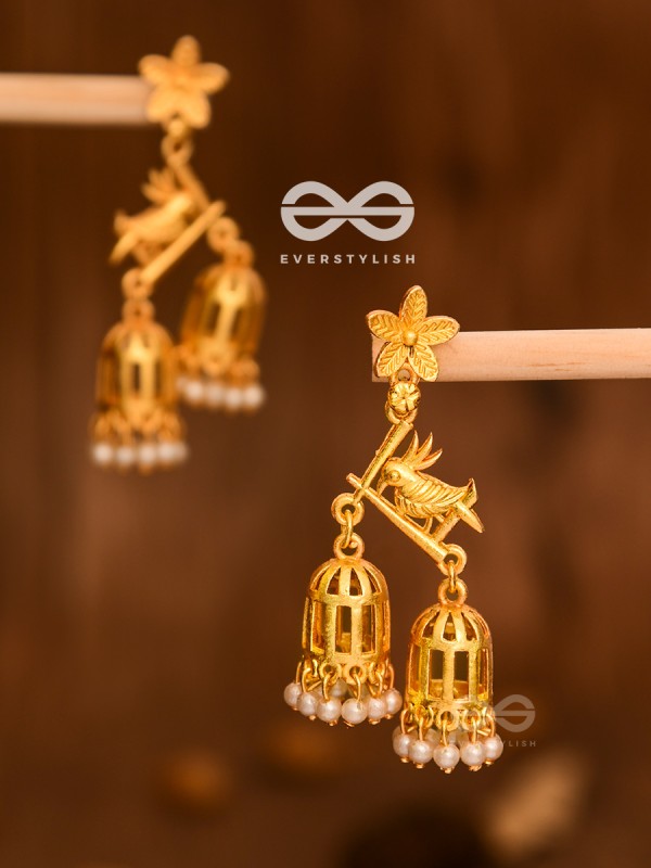 The Uncaged bird Artwork Jhumkas (Golden)